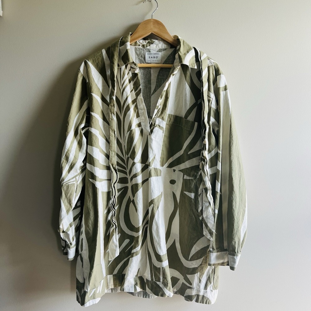 Sabo Linen Tunic Size 12 Australia Boho Graphic Beach Long Sleeve Green Beige
